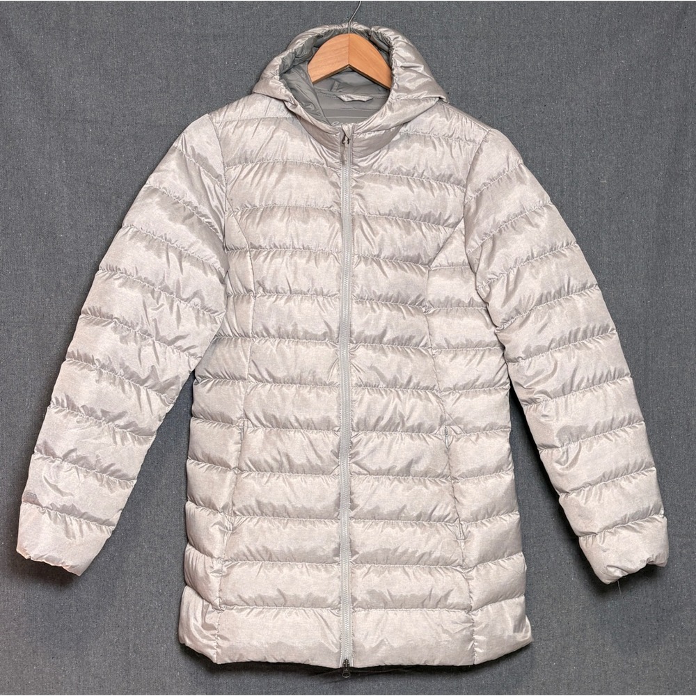 Eddie Bauer EB650 Down Puffer Parka Jacket Silver Hooded Womens Small‎